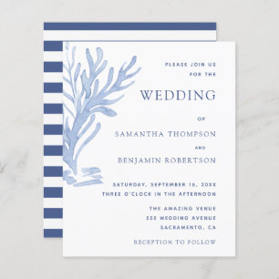 Modern Budget Beach Wedding Invitations Blue White