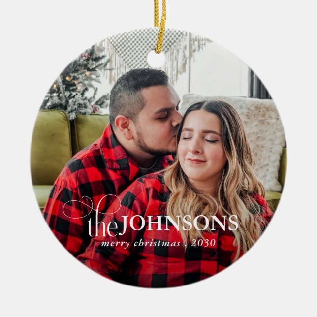Modern Budget Plaid 1 Photo Script Christmas Ceramic Tree Decoration (Front)