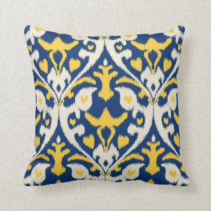 Modern buff yellow blue ikat tribal pattern cushion