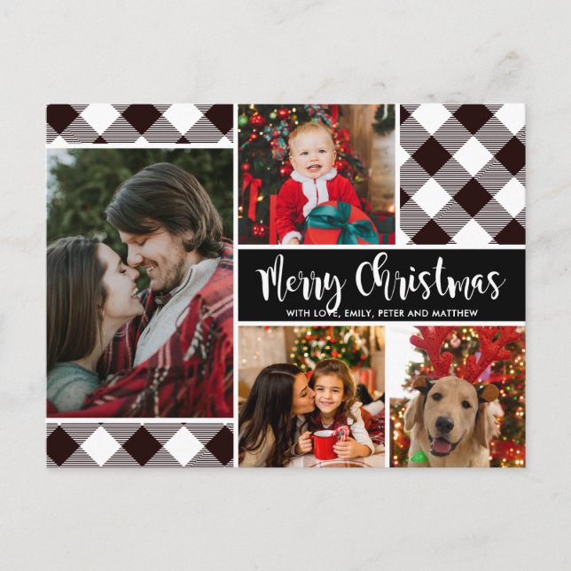 Modern Buffalo Plaid 4 Photo Collage Christmas Postcard (Front)
