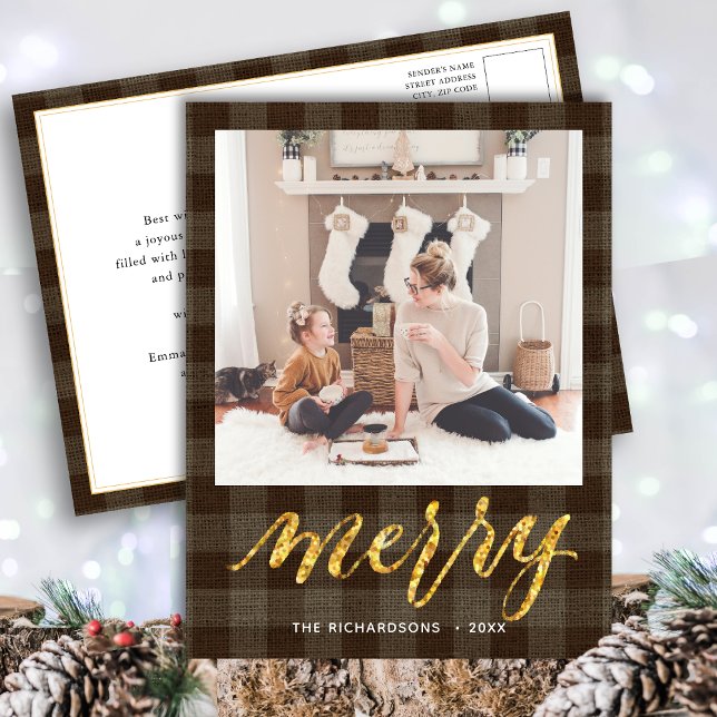 Modern Buffalo Plaid Elegant Script MERRY Simple H Postcard (Creator Uploaded)