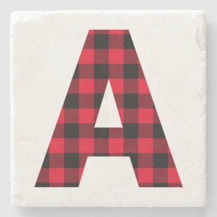 Modern Buffalo Plaid Initial A Monogram Stone Coaster