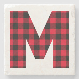 Modern Buffalo Plaid M Monogram Stone Coaster