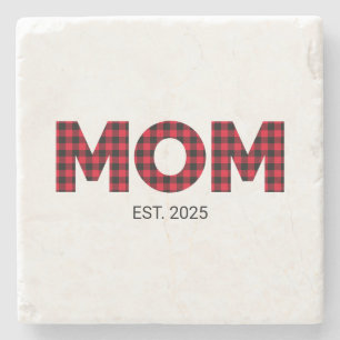 Modern Buffalo Plaid Mum Established Date Photo Stone Coaster