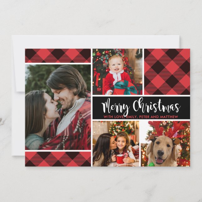Modern Buffalo Plaid Photo Collage Christmas Card (Front)