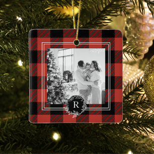 Modern Buffalo Red Plaid   Family Photo   Initial  Ceramic Ornament