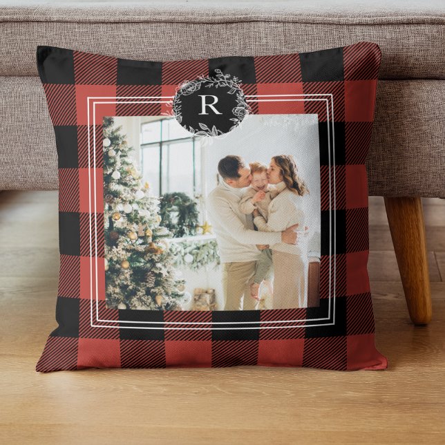 Modern Buffalo Red Plaid | Family Photo | Initial Cushion (Creator Uploaded)