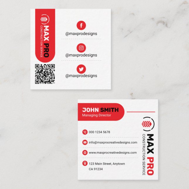 Modern Building & Construction, Contractor White Square Business Card (Front/Back)