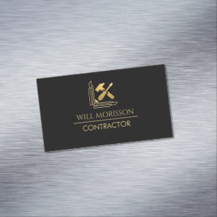 Modern Building Construction Golden & Black Magnetic Business Card
