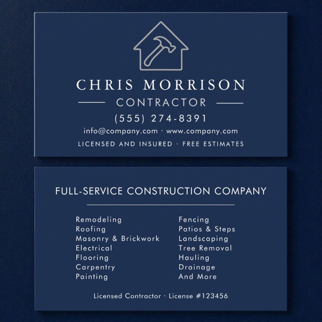 Modern Building Construction Navy Blue Silver Business Card (Creator Uploaded)