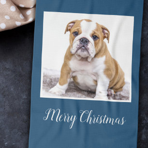 Modern Bulldog Dog Merry Christmas Holiday Photo Tea Towel