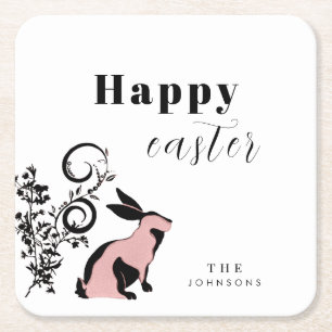 Modern Bunny Happy Easter Personalised Square Paper Coaster