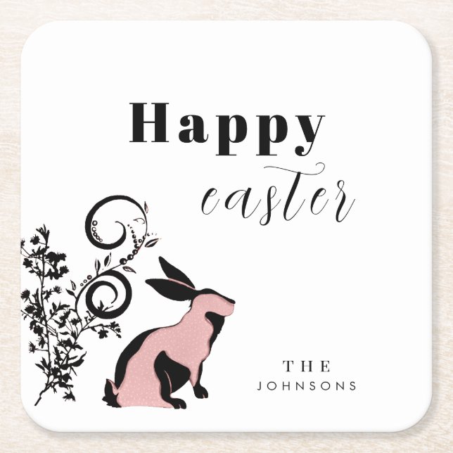 Modern Bunny Happy Easter Personalised Square Paper Coaster (Front)