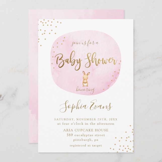Modern Bunny Typography Baby Shower Chic Pink Gold Invitation (Front/Back)