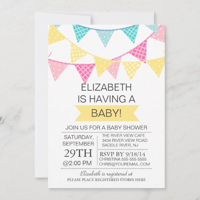Modern Bunting Yellow Gender Neutral Baby Shower Invitation (Front)
