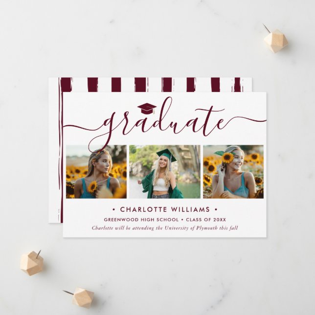 Modern Burgundy 3 Photo Collage Script Graduation Announcement (Front/Back In Situ)