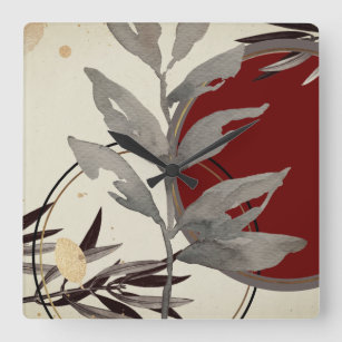 Modern Burgundy Abstract Watercolor Botanical Leaf Square Wall Clock