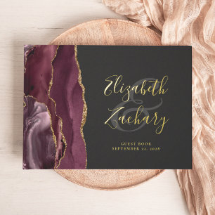 Modern Burgundy Agate Gold Script Dark Guest Book