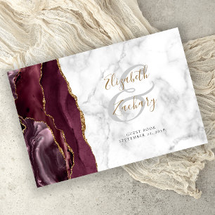 Modern Burgundy Agate Gold Script Marble Guest Book