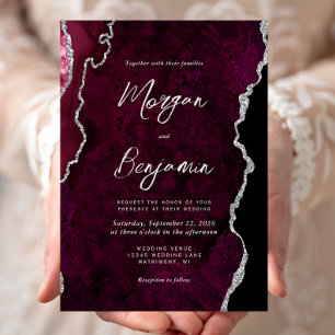 Modern Burgundy Agate Silver Script Wedding Invitation