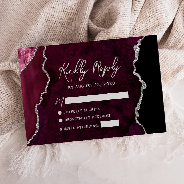 Modern Burgundy Agate Silver Script Wedding RSVP Card (Creator Uploaded)