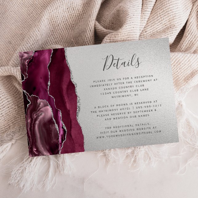 Modern Burgundy Agate Silver Wedding Details  Enclosure Card (Creator Uploaded)