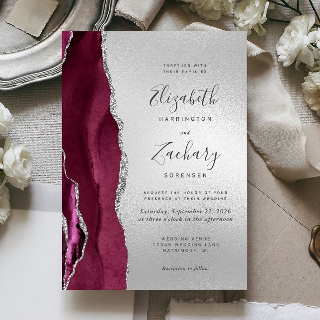 Modern Burgundy Agate Silver Wedding Invitation (Creator Uploaded)