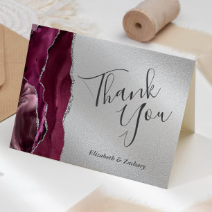 Modern Burgundy Agate Silver Wedding Thank You Card