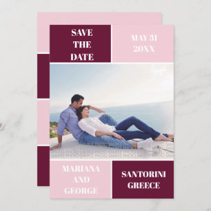 Modern burgundy and blush colour block wedding save the date