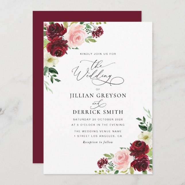 modern burgundy and blush floral wedding invitation (Front/Back)