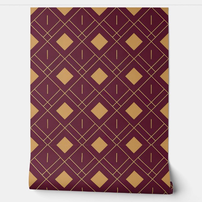 Modern Burgundy and Gold Art Deco Pattern Wallpaper (Unrolling)