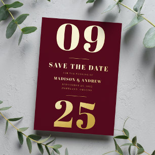 Modern Burgundy and Gold Bold Date Save the Date