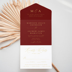 Modern Burgundy and Gold Foil Monogram Wedding All In One Invitation