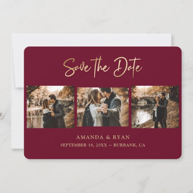 Modern Burgundy and Gold Foil Wedding 3 Photo Save The Date (Front)