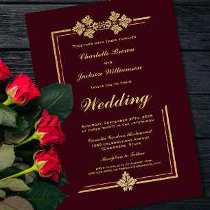 Modern Burgundy and Gold Glitter Wedding Invitation