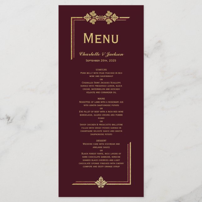 Modern Burgundy and Gold Glitter Wedding Menu (Front)