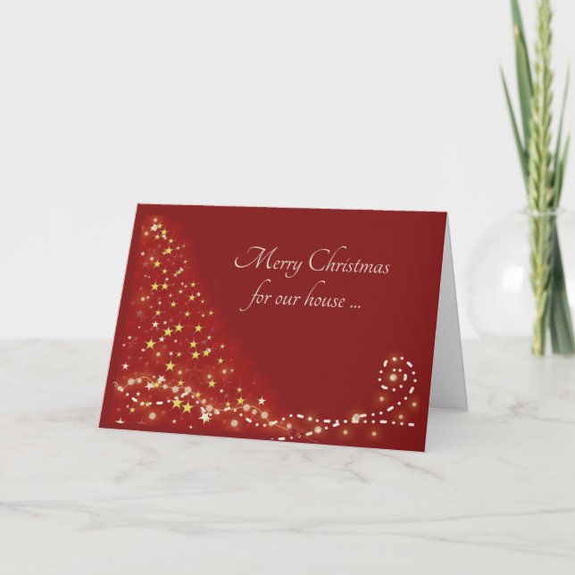 Modern Burgundy and Gold, Stylised Tree and Stars Holiday Card (Front)