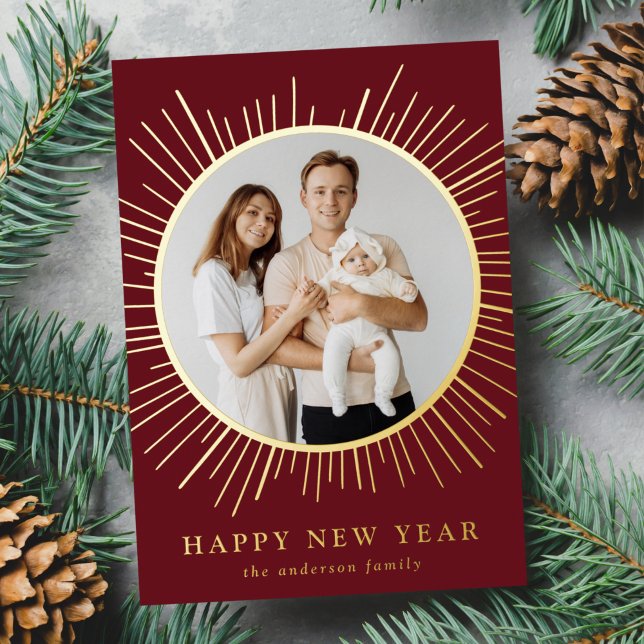 Modern Burgundy and Gold Sunburst New Year Photo (Creator Uploaded)