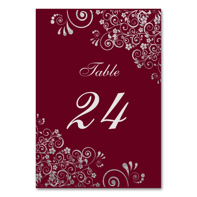 Modern Burgundy and Grey  Floral Swirl Table Number (Front)