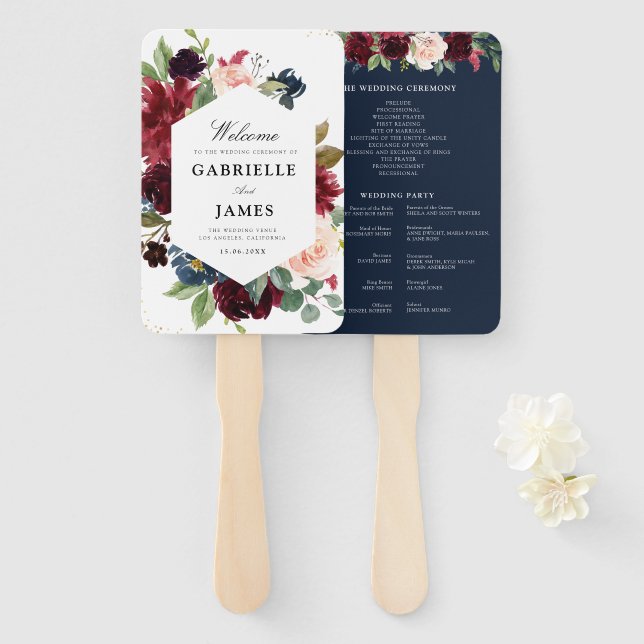 Modern burgundy and navy blue flor wedding program hand fan (Front and Back)