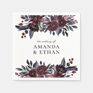 Modern Burgundy and Navy Floral Botanical Wedding Napkin