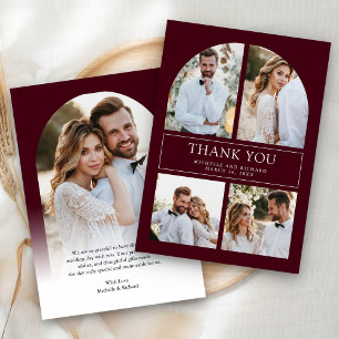 Modern Burgundy Arch Photo Collage Wedding Thank You Card