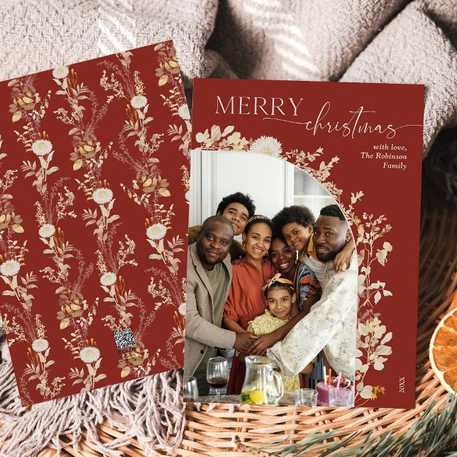 Modern Burgundy Arch Photo Merry Christmas Card  (Creator Uploaded)