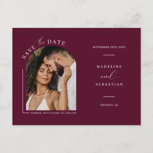 Modern Burgundy Arch Photo QR Code Save the Date P Postcard