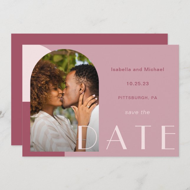 Modern Burgundy Arch Photo Wedding Save The Date (Front/Back)
