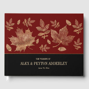 Modern Burgundy Black Autumn Leaves Wedding Guest Book
