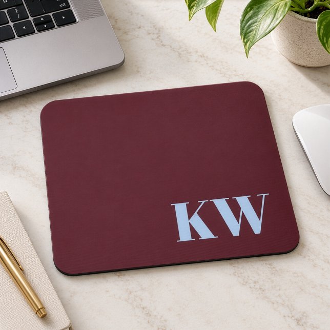 Modern Burgundy Blue Monogram Initials Custom Mouse Pad (Creator Uploaded)