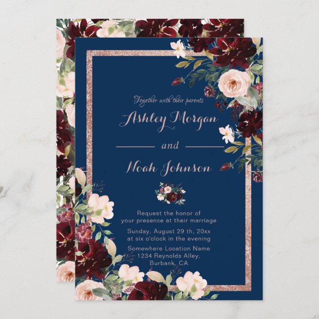 Modern Burgundy Blue Wedding Invitation Navy Blue  (Front/Back)