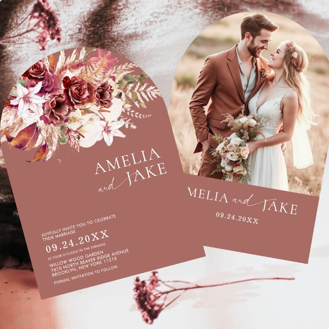 Modern Burgundy Blush Arch Photo Wedding Invitation (Creator Uploaded)