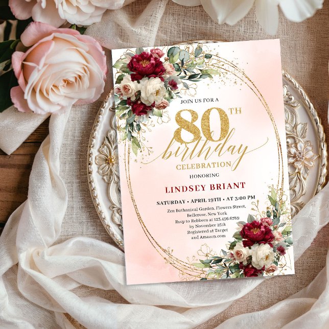 Modern Burgundy Blush Floral 80th Birthday Invite (Modern Burgundy Blush Floral 80th Birthday Invite)